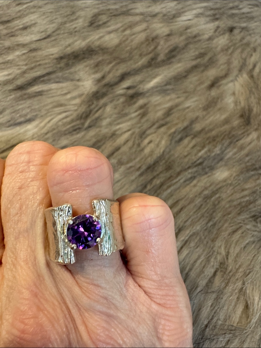 Amethyst Silver open wide band hammered Artisan Statement Ring